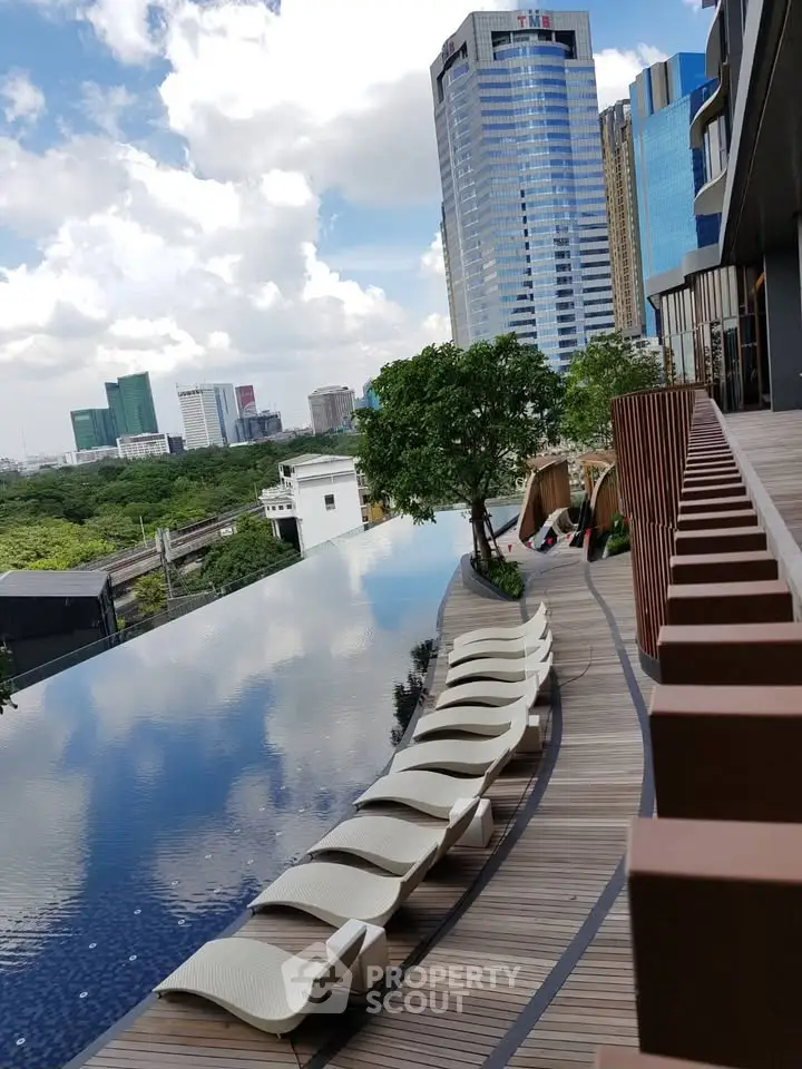 Luxurious rooftop infinity pool with stunning cityscape views and modern lounge chairs.