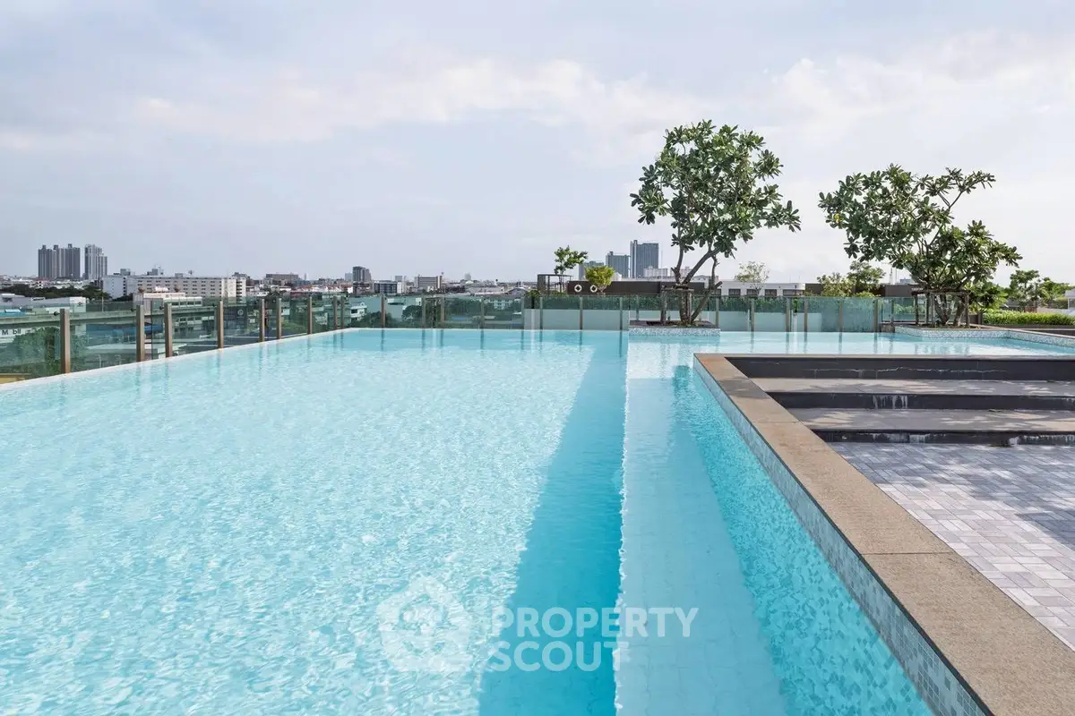 Luxurious rooftop infinity pool with stunning city skyline views, perfect for relaxation and leisure.