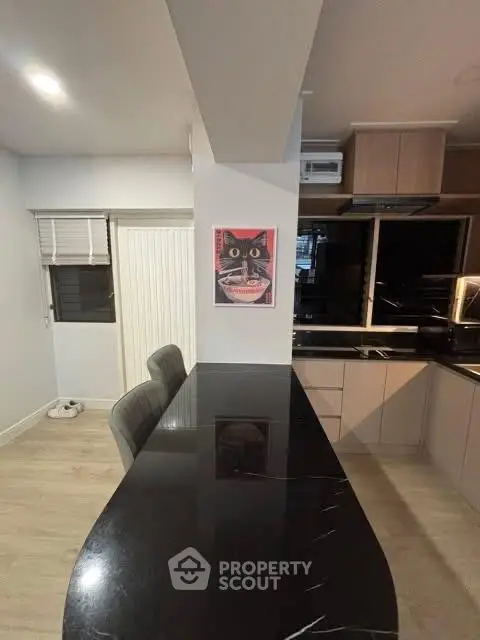 Modern kitchen with sleek black countertop and stylish cabinetry