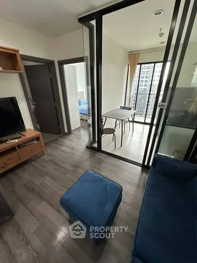 Modern living room with balcony view in stylish apartment