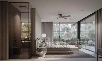 Luxurious modern bedroom with floor-to-ceiling windows and garden view