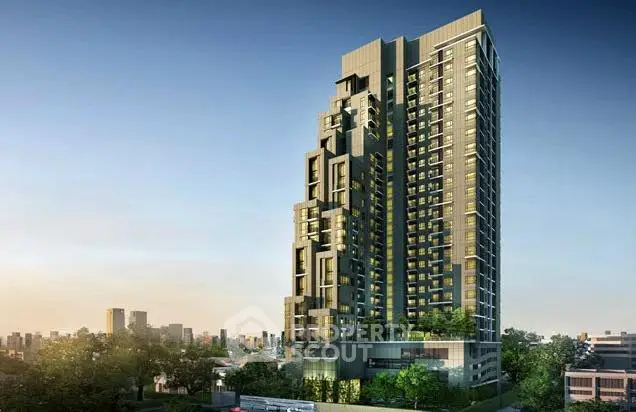 Stunning modern high-rise building with lush greenery and panoramic city views.