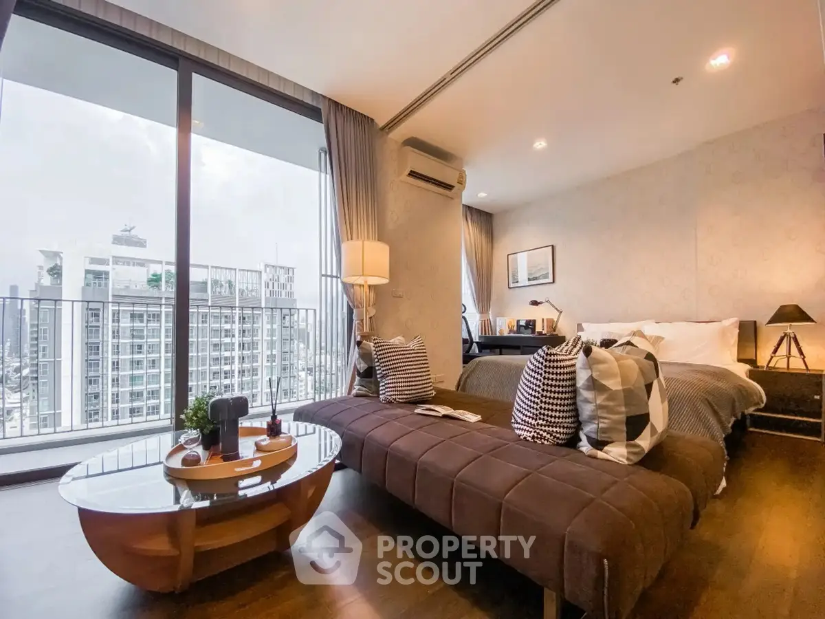 Luxurious bedroom with stunning city view and modern decor