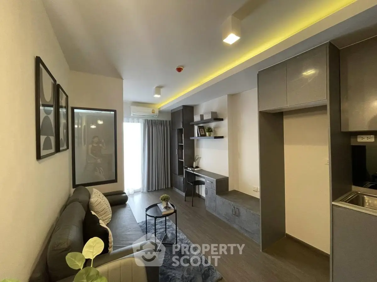 Modern living room with sleek design and cozy ambiance