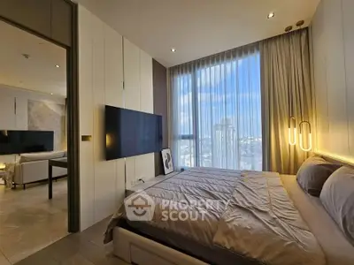 Luxurious modern bedroom with stunning city view and elegant decor