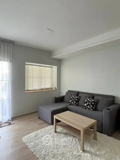 Modern living room with gray sofa and wooden coffee table