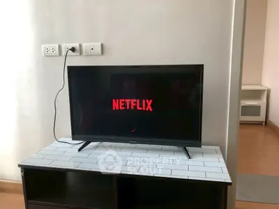 Modern living room with TV displaying Netflix, sleek furniture, and stylish decor.