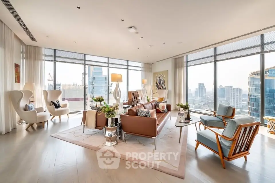 Luxurious modern living room with panoramic city views and elegant furnishings.