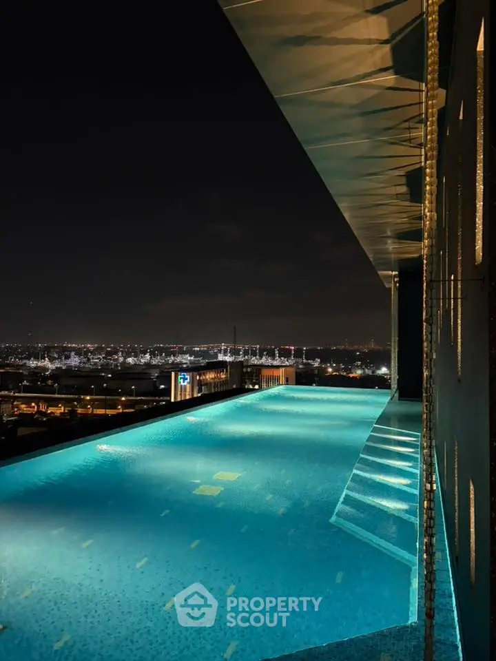 Stunning rooftop infinity pool with breathtaking city skyline view at night.