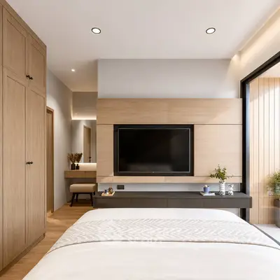 Modern bedroom with built-in wardrobe and wall-mounted TV, featuring sleek design and natural lighting.