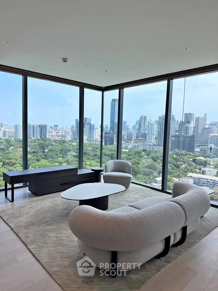 Luxurious corner unit living room with panoramic city views and modern furniture.