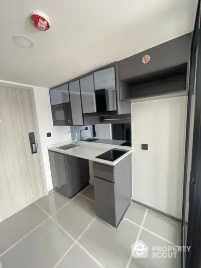 Modern compact kitchen with sleek cabinetry and built-in appliances in a stylish apartment.