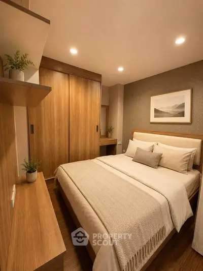 Cozy modern bedroom with wooden accents and elegant decor