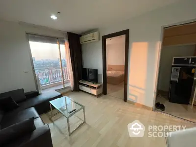 Modern apartment living room with balcony view and cozy bedroom