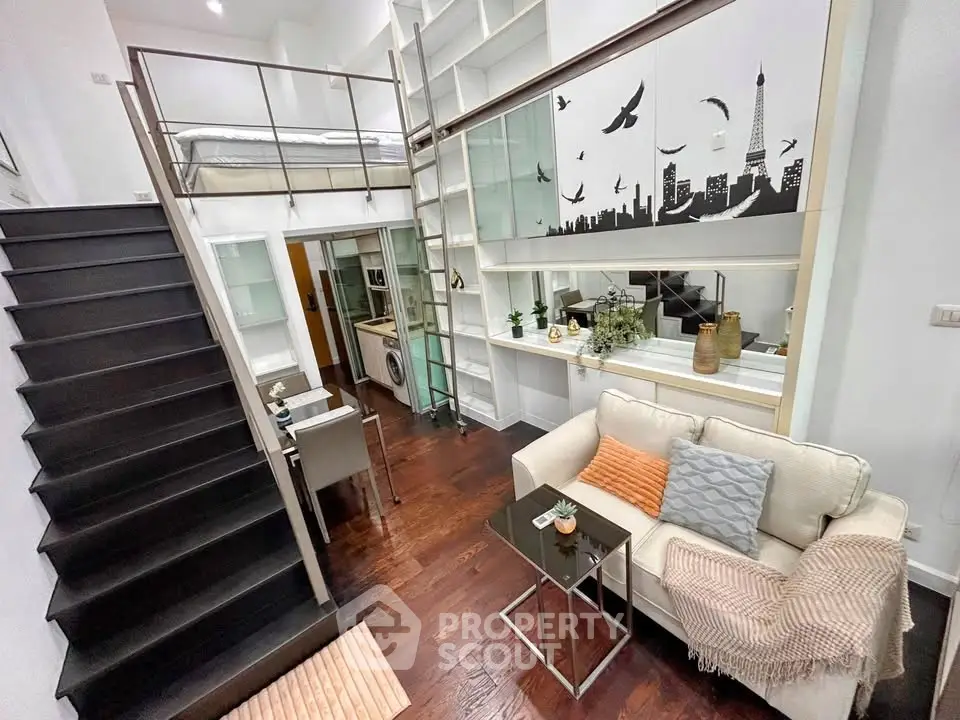 Modern loft apartment with stylish mezzanine and cozy living area