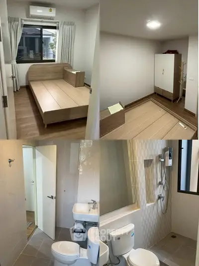 Modern apartment interior with bedroom and bathroom, featuring minimalist design and natural light.