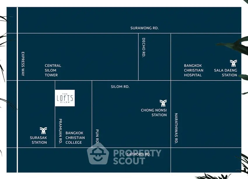 Map showing The Lofts Silom location near Silom Road and nearby stations.