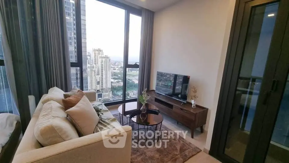 Modern living room with stunning city view and elegant decor