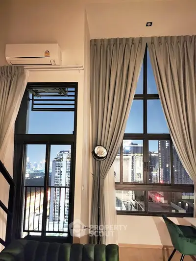 Luxurious high-rise apartment with stunning city views and elegant interior design.