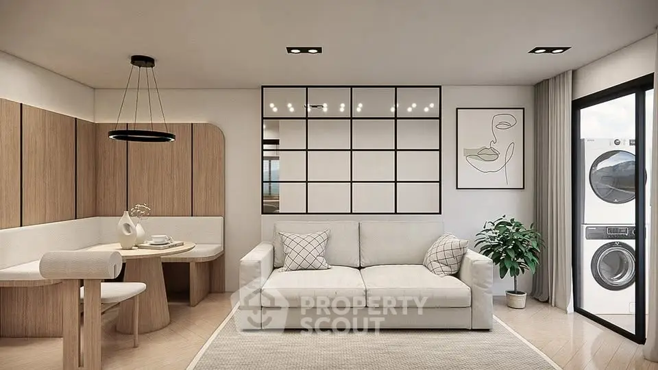 Modern living room with stylish decor and in-unit laundry