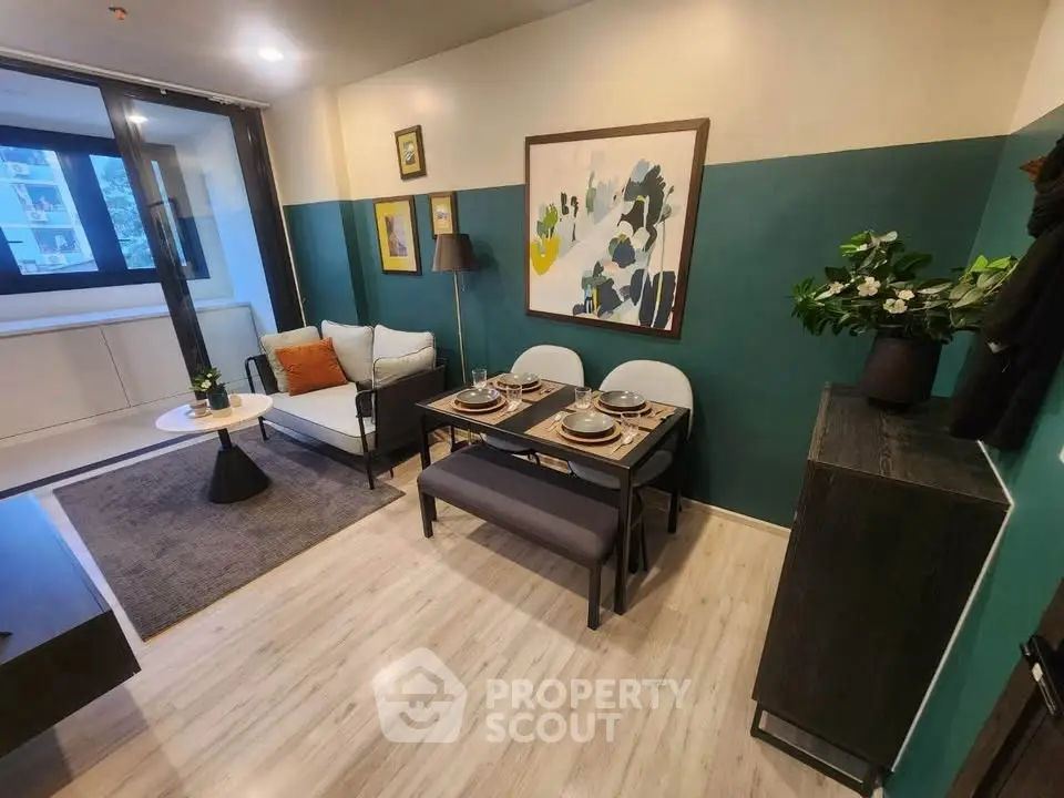 Stylish modern living room with elegant dining area and chic decor