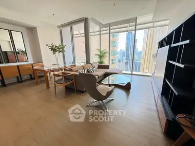 Spacious modern living room with city view, elegant furniture, and floor-to-ceiling windows.