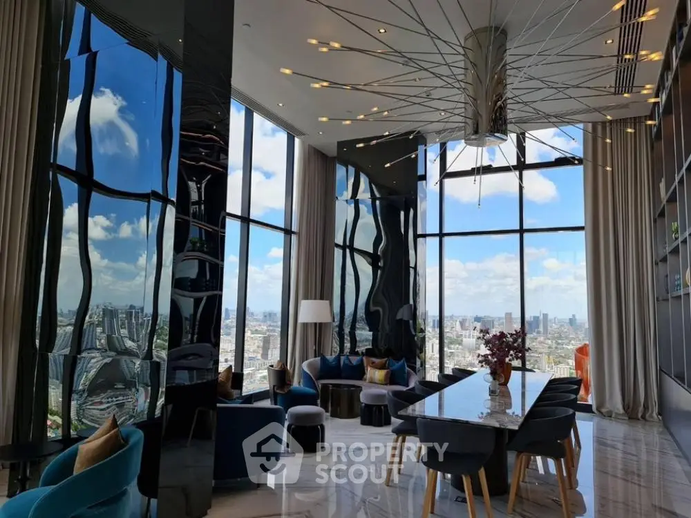 Luxurious high-rise living room with panoramic city views, modern furniture, and elegant interior design, perfect for upscale urban living.