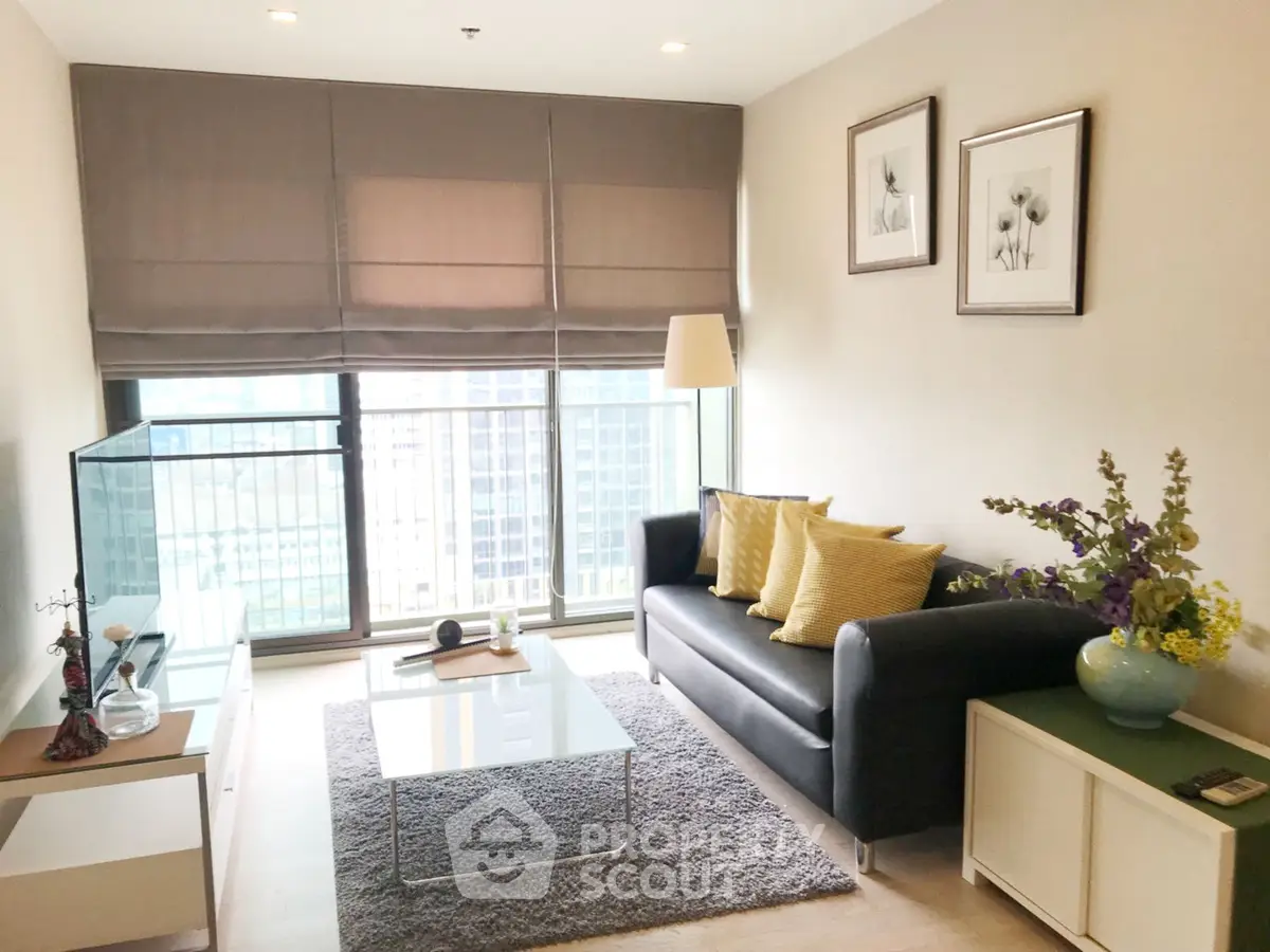 Modern living room with large window and stylish decor in urban apartment