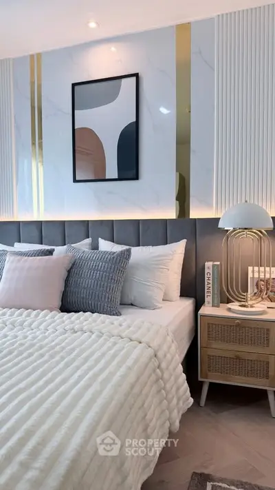 Luxurious modern bedroom with stylish decor and elegant lighting
