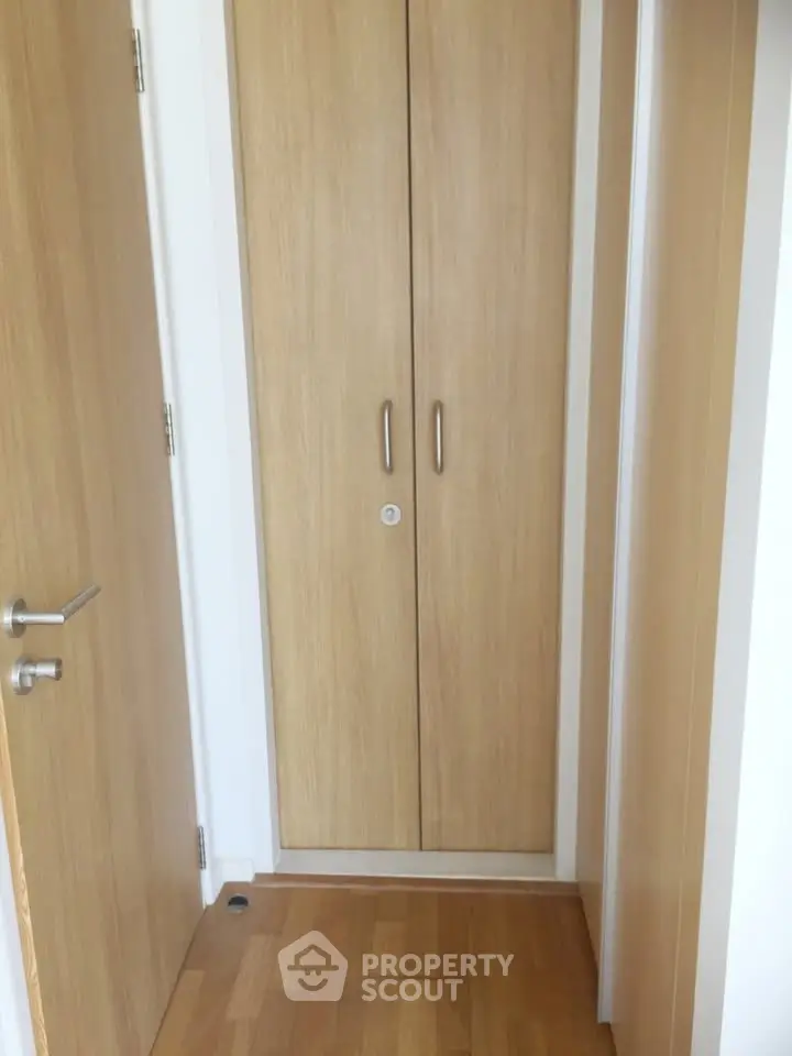 Compact storage space with wooden doors in modern apartment