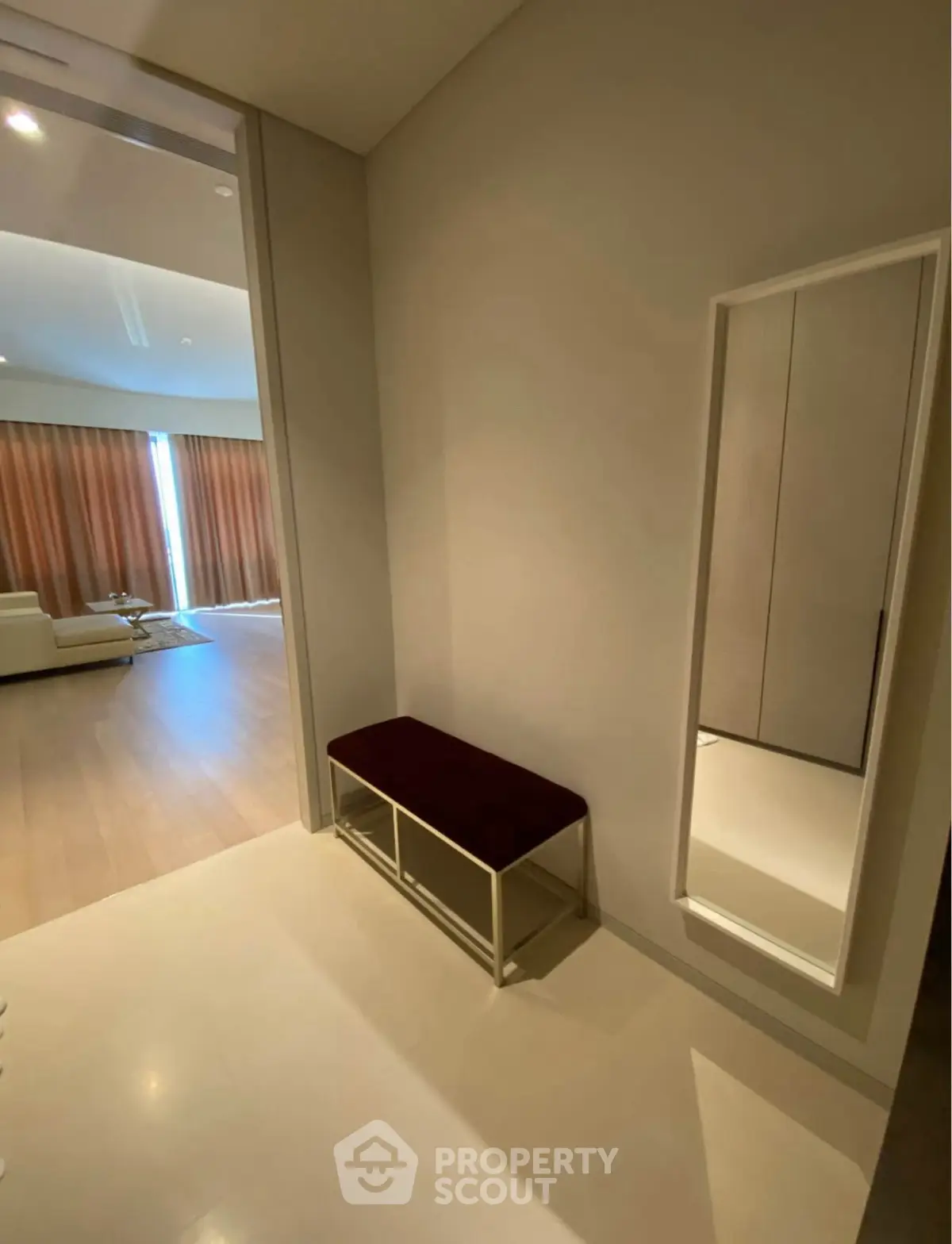Modern apartment interior with stylish living room and hallway mirror