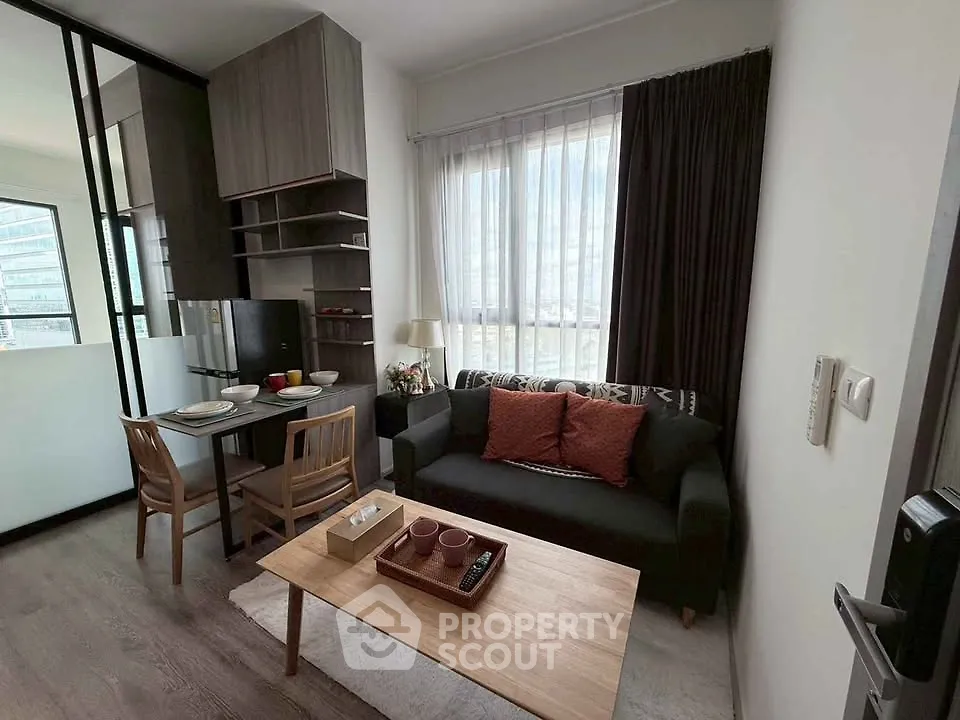 Modern living room with stylish decor and natural light in urban apartment