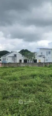 Modern white houses with lush green lawn under cloudy sky