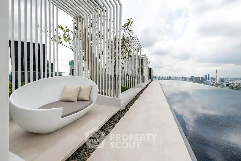 Luxurious rooftop infinity pool with stunning city skyline view and modern seating area.