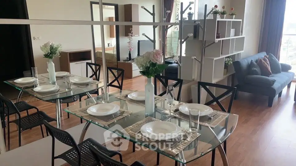 Stylish modern living room with elegant dining area and chic decor