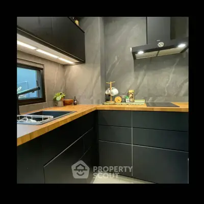 Modern kitchen with sleek black cabinets and wooden countertops, featuring an induction cooktop and stylish backsplash.