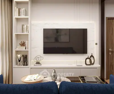 Modern living room with sleek TV setup and stylish decor