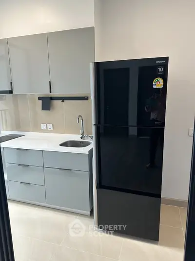 Modern kitchen with sleek cabinets and black refrigerator