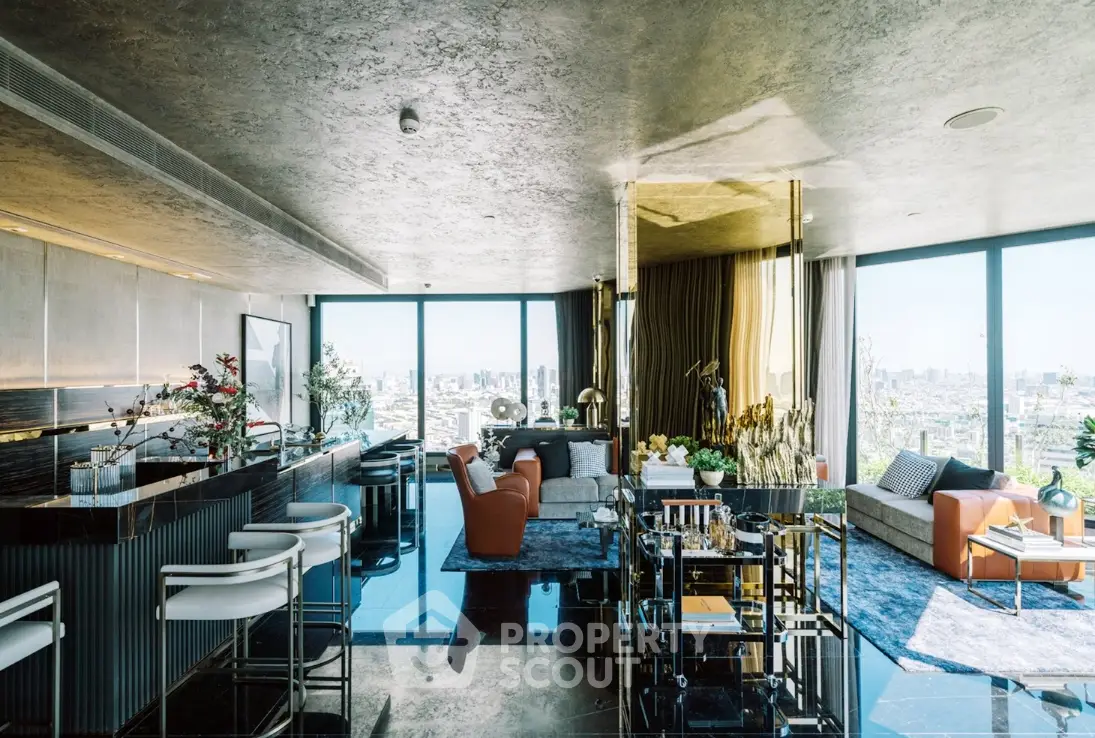 Luxurious modern living room with panoramic city views and elegant decor