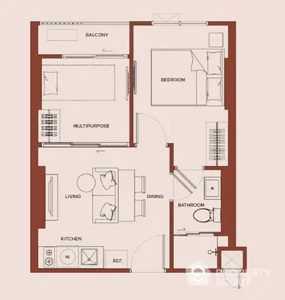 Modern apartment floor plan with balcony, bedroom, and open living area