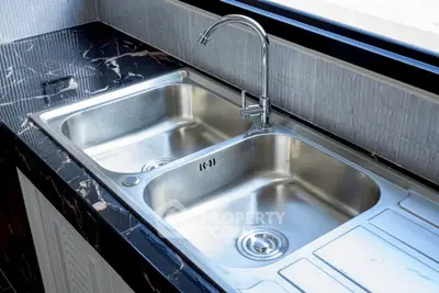 Modern kitchen with sleek double stainless steel sink and elegant black marble countertop.