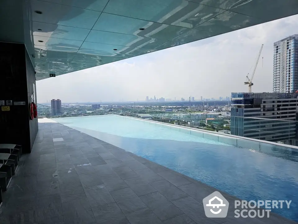 Stunning rooftop infinity pool with panoramic city views in modern high-rise building.