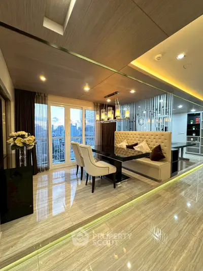 Luxurious modern living room with elegant dining area and city view balcony.