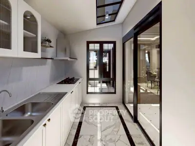 Modern kitchen with sleek design and marble flooring