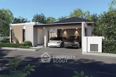 Modern single-story house with two-car garage and lush greenery