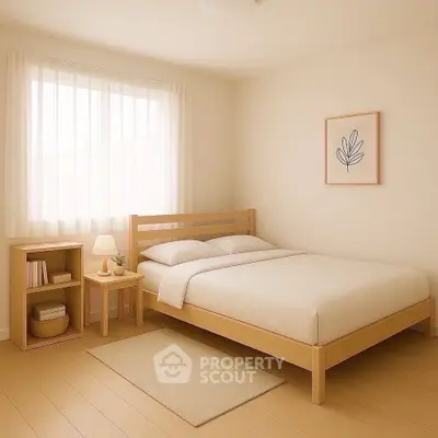 Cozy minimalist bedroom with natural light and wooden furniture