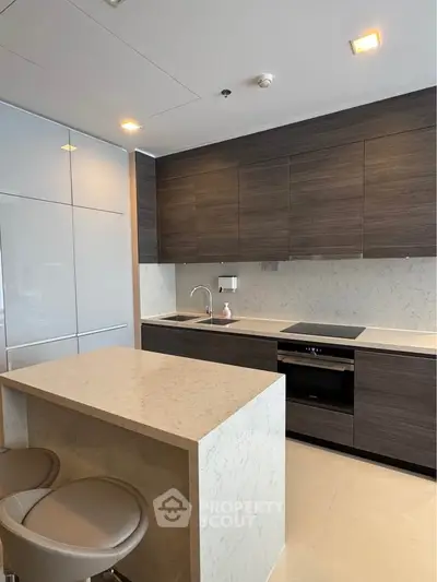 Modern kitchen with sleek cabinetry and island in luxury apartment