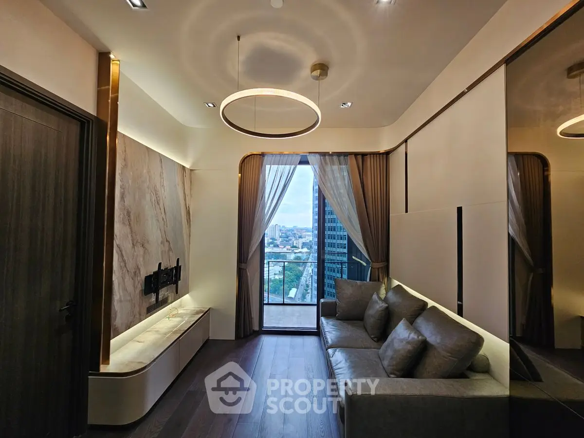 Luxurious living room with modern decor and stunning city view from balcony.