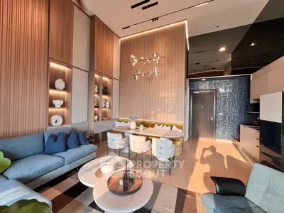Luxurious modern living room with stylish decor and elegant lighting