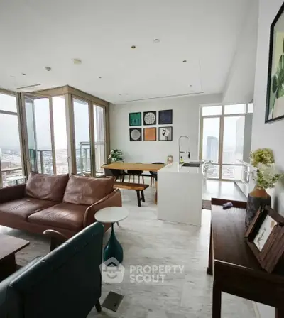 Modern living room with panoramic city views and stylish decor
